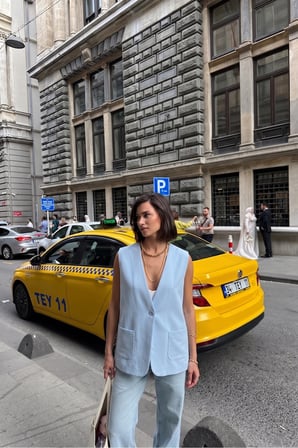 Kadın Mavi Klasik Kesim Tek Düğmeli Çift Cepli Blazer Yelek NJ187