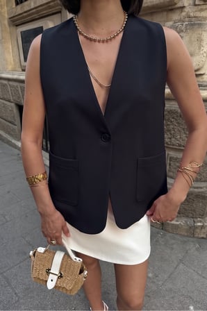 Kadın Klasik Kesim Tek Düğmeli Çift Cepli Blazer Yelek NJ187