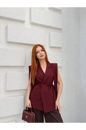 Kadın Bordo Belden Bağlamalı Kruvaze Pelerin Yelek NJ188