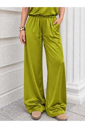 Kadın Fıstık Yeşili Beli Bağcıklı Saten Bol Paça Pantolon NJ190