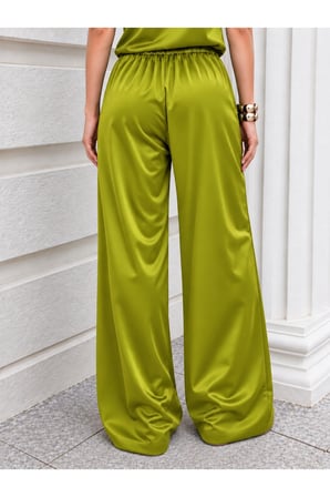 Kadın Fıstık Yeşili Beli Bağcıklı Saten Bol Paça Pantolon NJ190