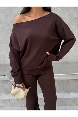 Kadın Acı Kahve Kayık Yaka Modal Alt-Üst Takım FRV0234
