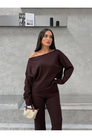 Kadın Acı Kahve Kayık Yaka Modal Alt-Üst Takım FRV0234