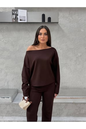Kadın Acı Kahve Kayık Yaka Modal Alt-Üst Takım FRV0234
