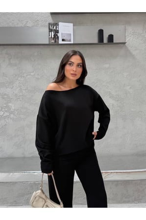 Kadın Siyah Kayık Yaka Modal Alt-Üst Takım FRV0234