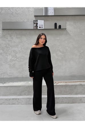 Kadın Siyah Kayık Yaka Modal Alt-Üst Takım FRV0234
