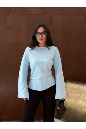 Kadın Mavi İspanyol Kol Gofre Dokulu Bluz FRV0236