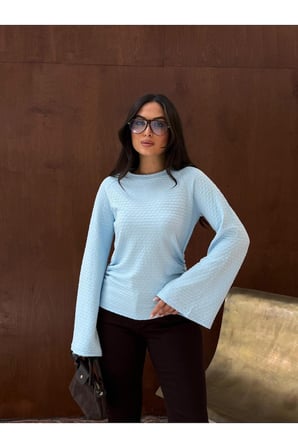 Kadın Mavi İspanyol Kol Gofre Dokulu Bluz FRV0236
