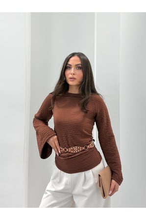 Kadın Kahverengi İspanyol Kol Gofre Dokulu Bluz FRV0236