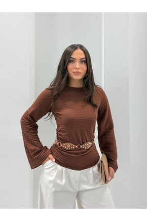 Kadın Kahverengi İspanyol Kol Gofre Dokulu Bluz FRV0236