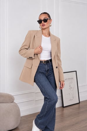 Kadın Bej Kruvaze Yaka Maskülen Blazer NJ194