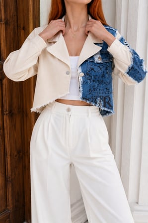 Kadın Ekru Denim Patchwork Crop Ceket İS449