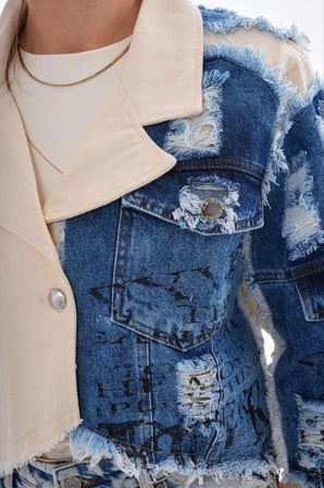 Kadın Ekru Denim Patchwork Crop Ceket İS449