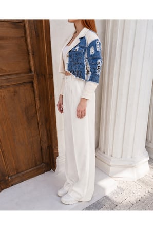 Kadın Ekru Denim Patchwork Crop Ceket İS449