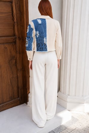 Kadın Ekru Denim Patchwork Crop Ceket İS449