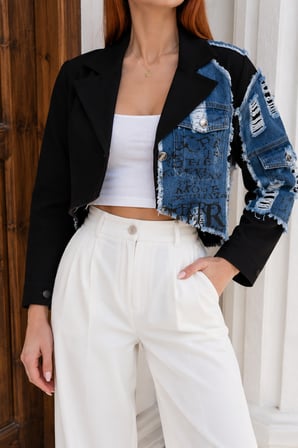 Kadın Ekru Denim Patchwork Crop Ceket İS449