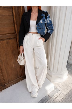 Kadın Ekru Denim Patchwork Crop Ceket İS449