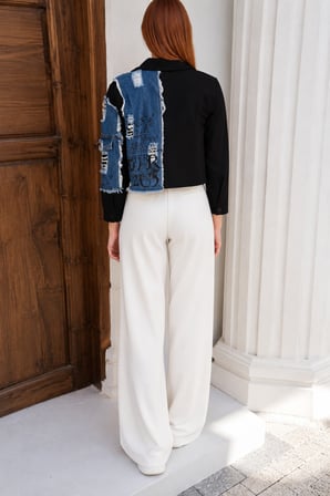 Kadın Ekru Denim Patchwork Crop Ceket İS449