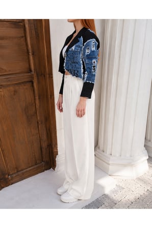 Kadın Ekru Denim Patchwork Crop Ceket İS449