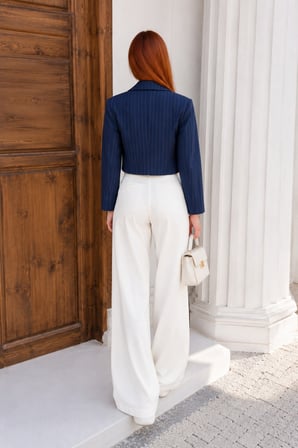 Kadın Siyah Çizgili Tek Düğmeli Crop Blazer Ceket NJ197