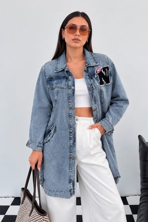 Kadın Mavi Oversize Denim Uzun Ceket NJ199
