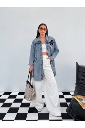 Kadın Mavi Oversize Denim Uzun Ceket NJ199