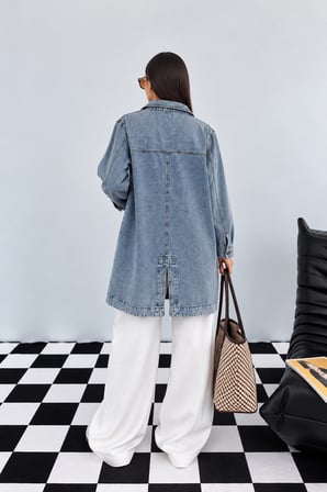 Kadın Mavi Oversize Denim Uzun Ceket NJ199