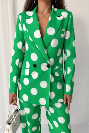 Kadın Yeşil 80'Ler Puantiyeli Blazer Ceket Pantolon Takım NJ202