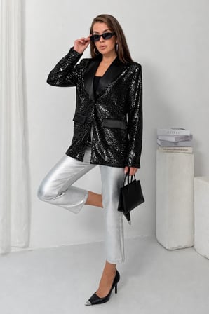 Kadın Siyah Payetli Saten Yaka Blazer Ceket NJ210