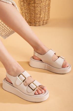 Grace Kadın Anatomik Yumuşak Tarz Esnek Gold Detay İki Bant Toka Comfort Taban Günlük Sandalet