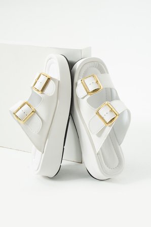 Calie Kadın Anatomik Comfort İki Bantlı Gold Detay Tokalı Esnek Yazlık Günlük Flat Sandalet Terlik