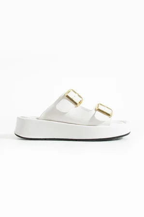 Calie Kadın Anatomik Comfort İki Bantlı Gold Detay Tokalı Esnek Yazlık Günlük Flat Sandalet Terlik