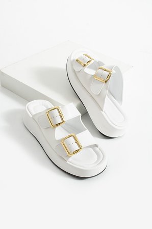 Calie Kadın Anatomik Comfort İki Bantlı Gold Detay Tokalı Esnek Yazlık Günlük Flat Sandalet Terlik