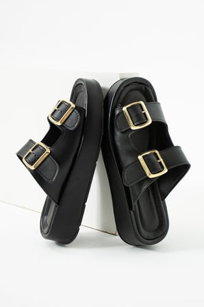 Calie Kadın Anatomik Comfort İki Bantlı Gold Detay Tokalı Esnek Yazlık Günlük Flat Sandalet Terlik
