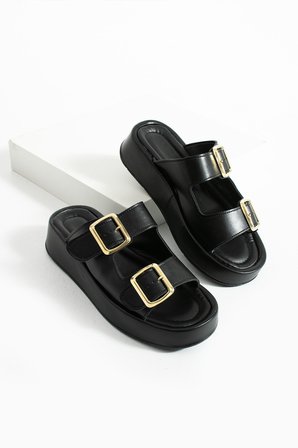 Calie Kadın Anatomik Comfort İki Bantlı Gold Detay Tokalı Esnek Yazlık Günlük Flat Sandalet Terlik