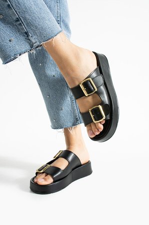 Calie Kadın Anatomik Comfort İki Bantlı Gold Detay Tokalı Esnek Yazlık Günlük Flat Sandalet Terlik