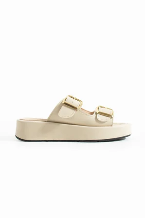 Calie Kadın Anatomik Comfort İki Bantlı Gold Detay Tokalı Esnek Yazlık Günlük Flat Sandalet Terlik