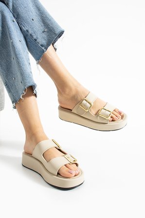Calie Kadın Anatomik Comfort İki Bantlı Gold Detay Tokalı Esnek Yazlık Günlük Flat Sandalet Terlik