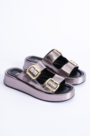 Calie Kadın Anatomik Comfort İki Bantlı Gold Detay Tokalı Esnek Yazlık Günlük Flat Sandalet Terlik
