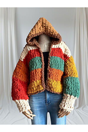 El yapımı örgü retro kapüşonlu chunky hırka Renkli / Standart