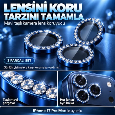 Mavi Titanyum Taşlı Kamera Lens Koruyucu iPhone 17 Pro/Pro Max ile Uyumlu