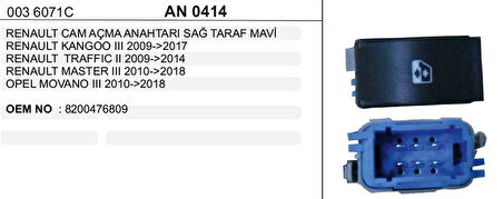 CAM KALDIRMA ANAHTARI SAĞ MAVİ MOVANO  RENAULT TRAFIC 2009-2014/MASTER KANGO III 2009-2017 6FİŞ