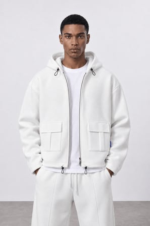 Erkek Cep Detaylı Panda Oversize Zip Ekru