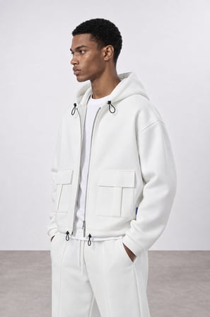 Erkek Cep Detaylı Panda Oversize Zip Ekru