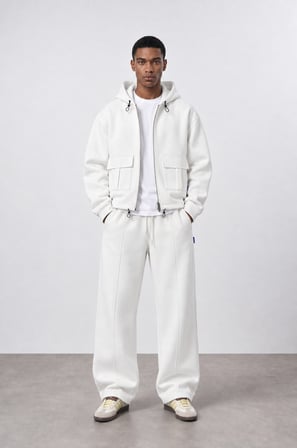 Erkek Cep Detaylı Panda Oversize Zip Ekru
