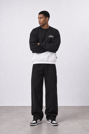 Erkek Not Basic Project Nakışlı Oversize Sweatshirt Siyah