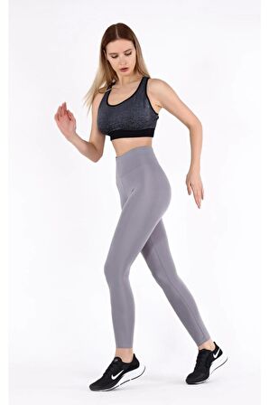 Kadın Yüksek Bel Toparlayıcı Gri Renk Mat Tayt Parlaktayt