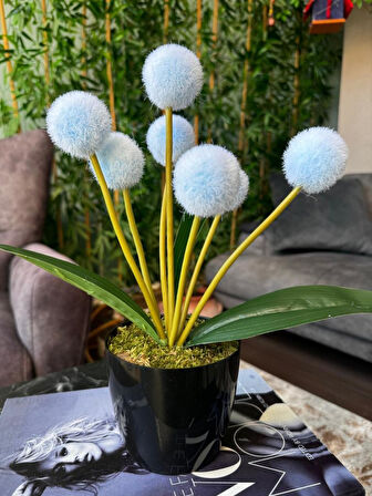 Yapay Çiçek Mavi Pompon Siyah Saksıda Dekoratif Yapay Çiçek 30*20cm