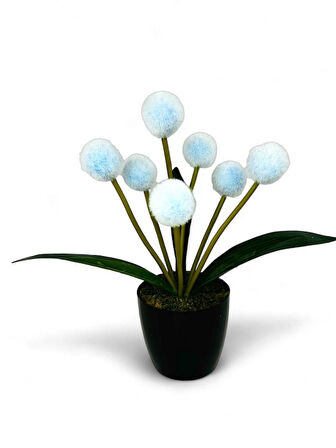 Yapay Çiçek Mavi Pompon Siyah Saksıda Dekoratif Yapay Çiçek 30*20cm