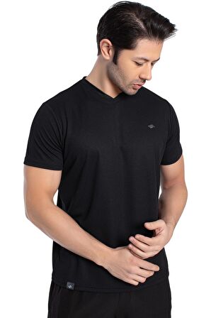 Crozwise V Yaka Erkek Siyah Spor T-shirt - 7136-10